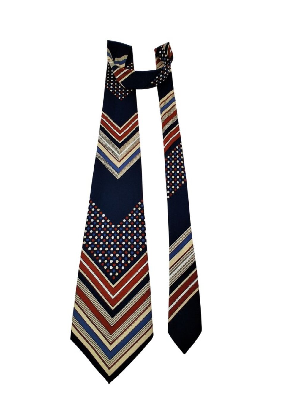 Retro Chevron & Polka Dot Mens Tie Blues, Rust, Red, White, Tan, Vintage - Picture 4 of 5